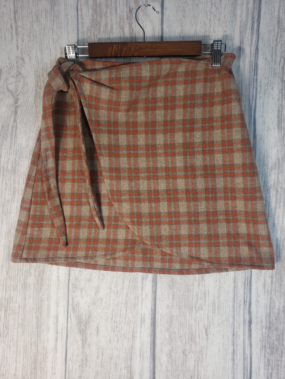 Rhythm Wrap Mini Skirt Brown plaid Poly Wool Blend Soft 4/Small NEW B31
